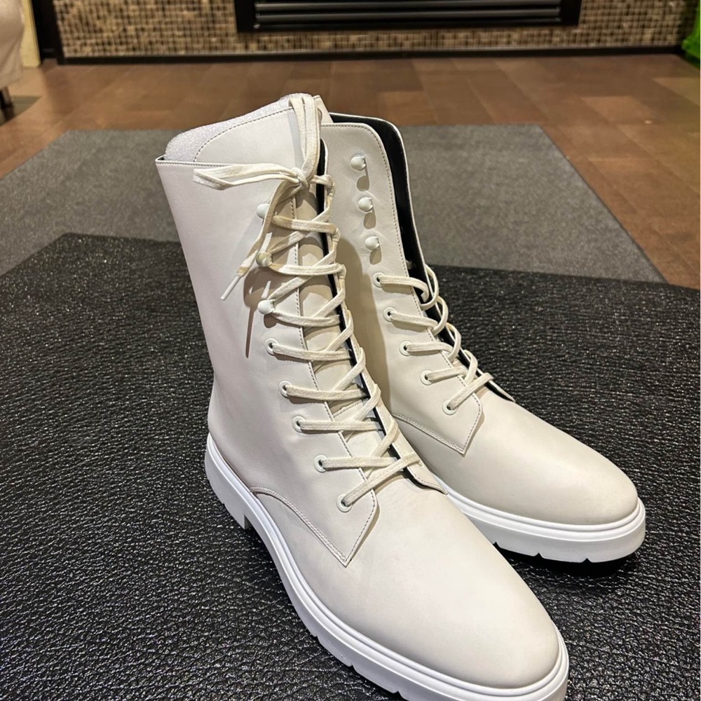 Stuart Weitzman White Lace-Up Combat Boots